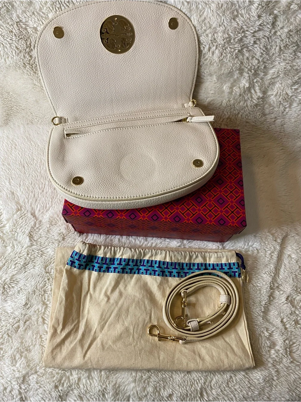 Tory Burch Ivory Pebbled Leather Crossbody with Gold Logo